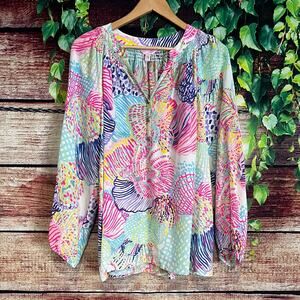 Lilly Pulitzer Elsa Silk Top XL Floral Tropical Hawaiian Multicolor Blouse Shirt